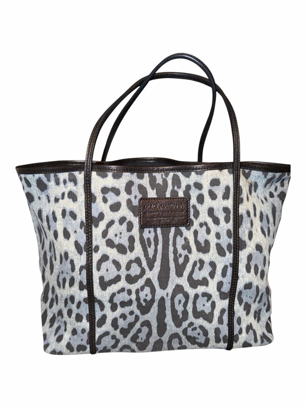 Vintage Dolce & Gabbana Blue Leopard Canvas Tote Bag Leather Trim Large